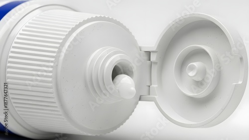 Close-up of a white plastic toothpaste tube nozzle with a fresh dab of paste emerging from the open cap for daily oral hygiene
