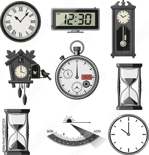 Create a kinds of deferent Clock icon vector art with white background.