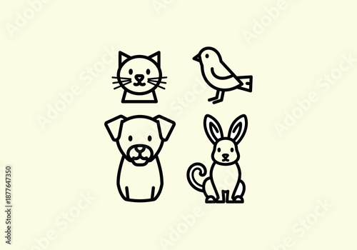 Vector Flat Concept Four Black and White Line Art Icons of Cat, Bird, Dog, and Rabbit.