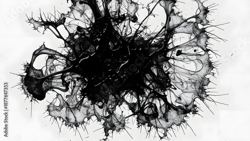 Abstract black ink splatter with organic web-like patterns and spiky extensions on a white background creating a complex monochrome texture