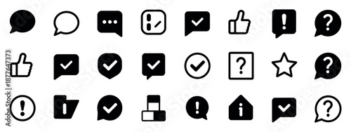 Approved Checkmark Box and Social Media Message Icons with Chat Speech Bubble Comment and Quote Symbols
