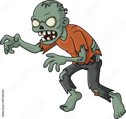 Cartoon Zombie Character Illustration, Scary Walking Undead Monster in Halloween Style, Horror Fantasy Design for Games, Stickers, Comics and Spooky Graphic Projects