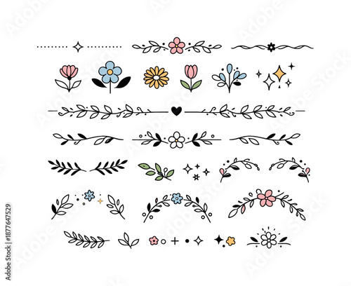 Floral Ornament Collection. Decorative floral ornament set. Collection of small botanical ornaments, dividers and accents arranged neatly as a