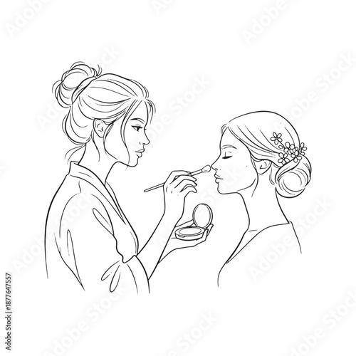 Professional makeup artist applying cosmetics to beautiful woman face, vector line art illustration. Stylist using brush in beauty salon, side profile sketch for spa logo or branding.
