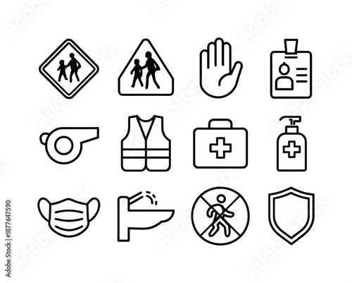 School Safety Icons. School safety. Line icon set of school safety: crosswalk sign, school zone sign, stop hand, ID badge, whistle, safety vest, first aid kit,