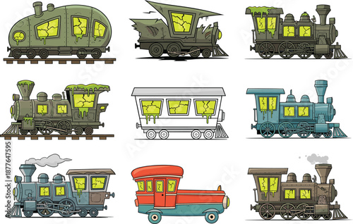 Cartoon zombie trains collection with spooky locomotives, horror fantasy transport concept, creepy steam engines, Halloween style, colorful vector illustration set, isolated design