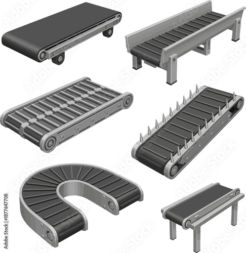 Create a kinds of deferent Empty Conveyor Belt 3d rendering vector art with white background..