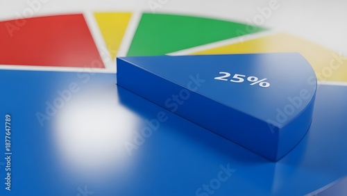 Dynamic 3D illustration of a vibrant pie chart, distinctly highlighting a separated blue 25% segment to represent crucial data, market share, or strategic business analysis