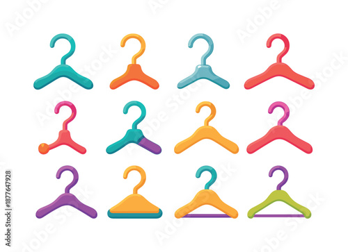 Colorful Hanger Icons. Hanger details. Colorful flat vector icons set of hanger details: curved hook, rotating hook, metal hook, plastic hook, hook with ball