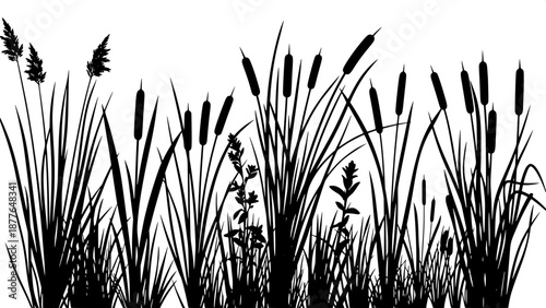 “Wetland vegetation silhouettes, swamp plants, grass bundles, botanical icons, solid black shapes on white”