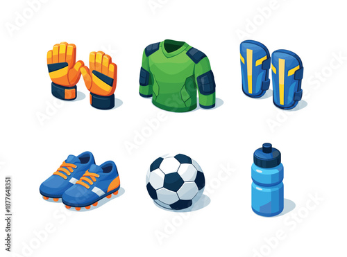 Goalkeeper Gear Icons. Goalkeeper Gear. Isometric flat vector icons set of goalkeeper gear: goalkeeper gloves, padded jersey, shin pads, cleats, soccer ball,