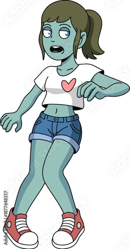 Cute Cartoon Zombie Girl Walking, Stylish Undead Character in Casual Outfit, Fun Halloween Fantasy Illustration for Games, Stickers, Comics and Spooky Design Projects Art