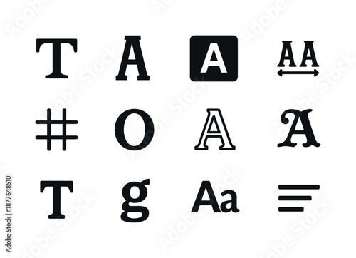 Font Icon Grid. Package design fonts. Solid icon set of package design fonts: serif style, condensed font, uppercase icon, letter spacing, typographic grid,