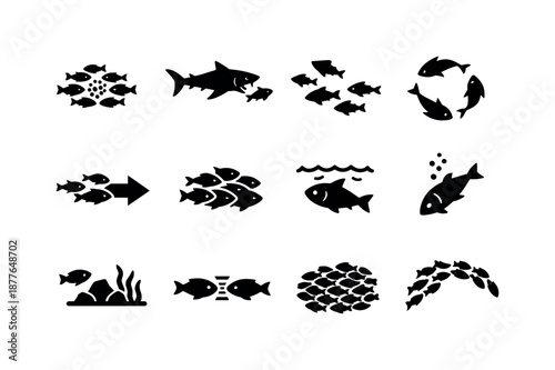 Marine Behavior Icons. Marine behavior. Solid icon set of Marine behavior: feeding group, predator response, escape formation, circling motion, migration