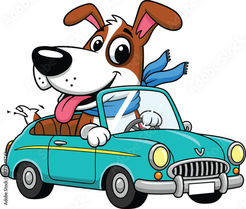 Funny cartoon dog driving classic car with scarf, joyful travel illustration, perfect for kids, pets, adventure, road trip, vector and mascot design concept art