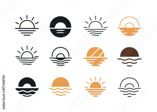 Sunrise and Sunset Icons. Sunrise and sunset. Icon set. Set Logo of sunrise and sunset: sun reflection on water. harmonious logo variations: Iconic shape,