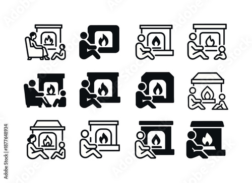 Cozy Fireplace Icons. People enjoying a warm fire in the fireplace. Icon set. Set Logo of people enjoying a warm fire in the fireplace: cozy sitting position.