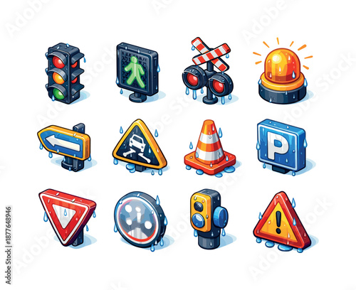 Rainy Isometric Sign Icons. Rainy signals. Colorful isometric vector icons set of rainy signals: rain-blurred stoplight, wet pedestrian signal, dripping