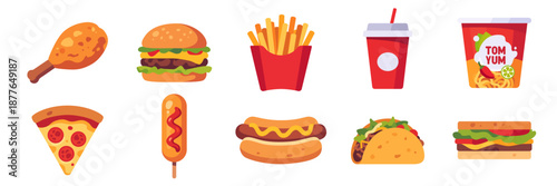 Fast food set with snacks meals and drinks icons, colorful collection with vector flat illustrations