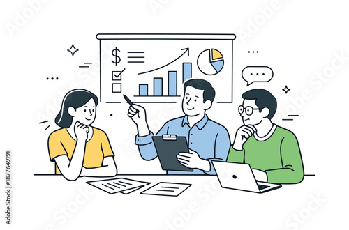 Data-Driven Sales Discussion. Sales discussion analysis. People reviewing a simple chart or metrics together. Data-driven conversation and careful