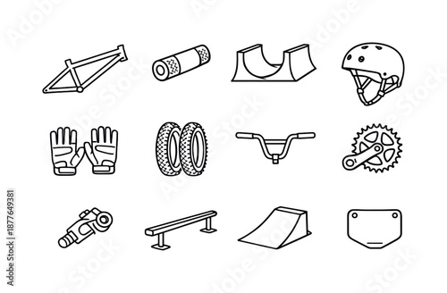 BMX Icon Set. BMX biking. Line icon set of BMX biking: BMX frame, stunt peg, half-pipe ramp, helmet, gloves, grippy tires, handlebar, sprocket, chain