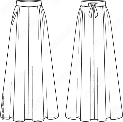 Long Skirt Front and Back View, Fashion Technical Drawing, Elegant Maxi Skirt Design Template for Women Clothing, Apparel Illustration and Sewing Pattern Concept