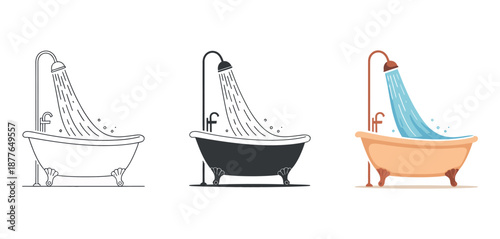 Bath and Shower Icons Featuring Bathtub Showerhead Water Flow and Bubbles in Minimal Bathroom Design