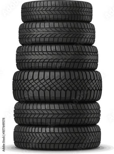 Create a realistic kinds of deferent Car tires stack 3d illustration vector art with white background..