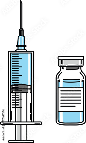 Medical syringe and vaccine vial illustration, healthcare and vaccination concept, injection equipment, hospital and clinic use, medicine safety, flat vector design, isolated