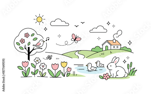 Spring Renewal. Spring aesthetic. A calm spring scene with soft sunlight, blooming flowers, and gentle nature elements creating a fresh seasonal