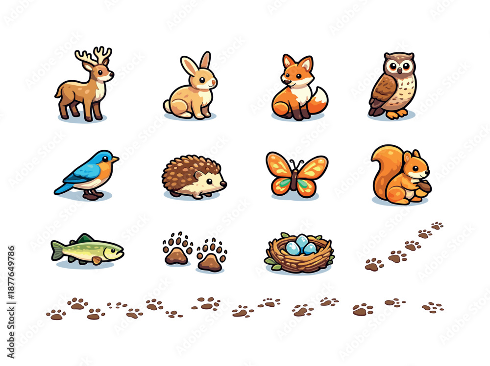 Obraz premium Valley Wildlife Icons. Valley wildlife. Colorful isometric vector icons set of valley wildlife: deer, rabbit, fox, owl, songbird, hedgehog,