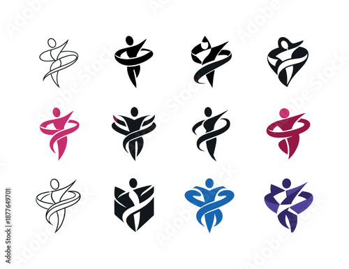 Dance Icon Variations. Dance. Icon set. Set Logo of dance: rhythmic ribbon swirl. harmonious logo variations of the same emblematic concept, each