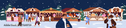 People buy Christmas trees, food, coffee and gifts in winter holidays market in park. Banner with decorated Xmas chalets and buyers at fair. New Year's kiosks, booths. Flat vector illustration