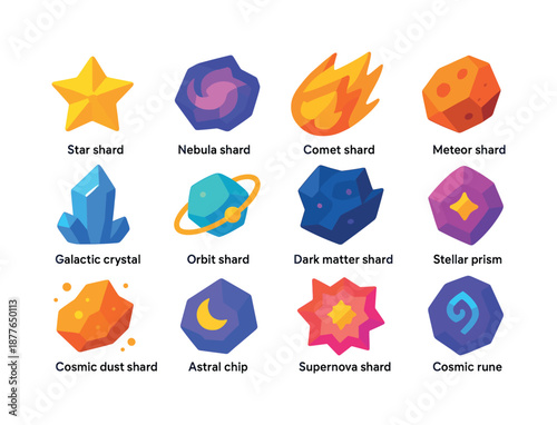 Cosmic Shards Icons. Cosmic Shards. Colorful flat vector icons set of Cosmic Shards: star fragment, nebula shard, comet chip, meteor shard, galactic crystal,