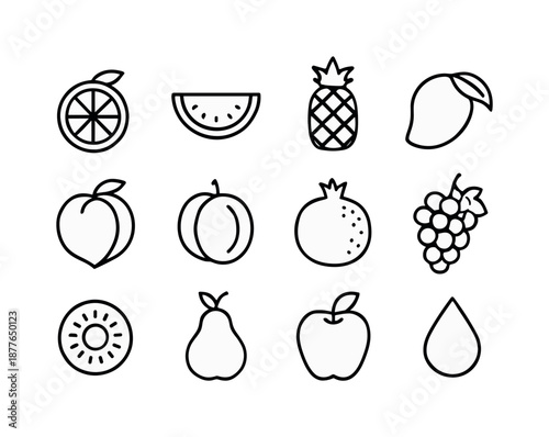 Juicy Fruit Icons. Juicy fruits. Line icon set of Juicy fruits: orange, watermelon, pineapple, mango, peach, plum, pomegranate, grapes, kiwi, pear, apple,