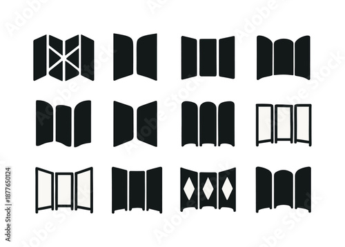 Folding Screen Icons. Folding screen. Icon set. Set Logo of folding screen: privacy divider. harmonious logo variations of the same emblematic concept, each
