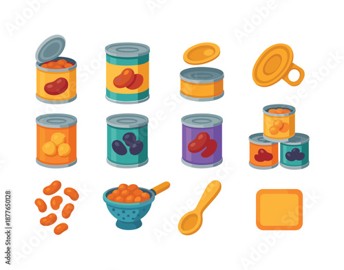 Colorful Canned Beans Icons. Canned Beans. Colorful flat vector icons set of Canned Beans: opened can of beans, sealed can, ring-pull lid, canned chickpeas,
