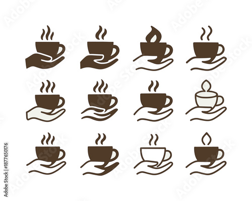 Latte Emblem Icons. Latte in hand. Icon set. Set Logo of latte in hand: morning coffee emblem. harmonious logo variations of the same emblematic concept, each
