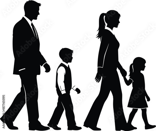 Silhouette of a modern family walking together, parents and children holding hands, symbolizing unity, love, parenting, and everyday life on a clean background
