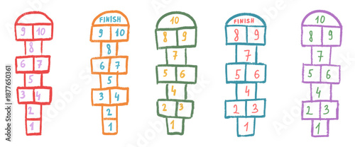 Hopscotch games chalk outline brush stroke drawn. Kids kindergarten pencil crayon elements set isolated on transparent background. Hop scotch playground entertainment. Vector colorful illustration.