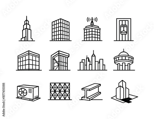 Skyscraper Icon Set. Skyscrapers. Line icon set of Skyscrapers: tall tower, glass facade, rooftop antenna, elevator shaft, large windows, corner reinforcement,