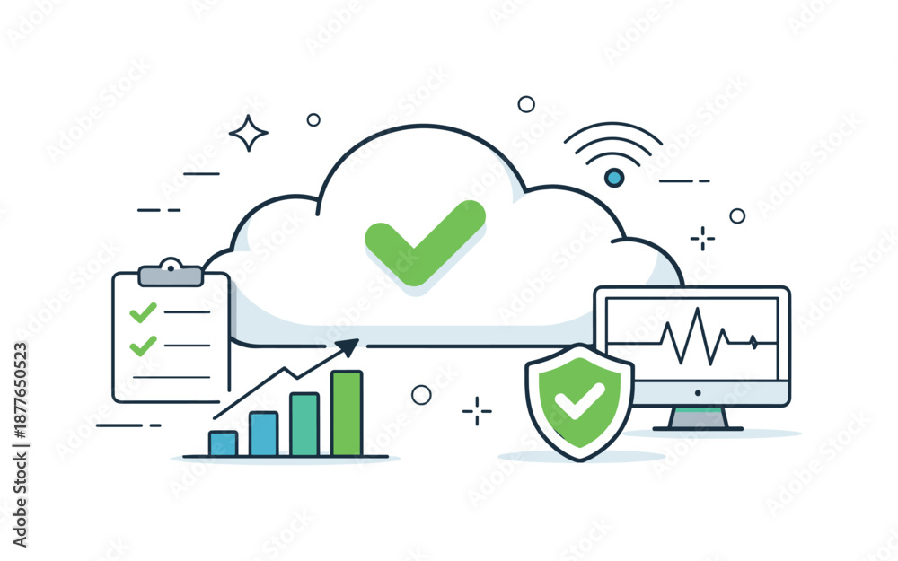 Obraz premium Stable Cloud Security. Cloud reliability and uptime. Stable cloud icon supported by checkmarks, graphs, and monitoring signals, symbolizing secure