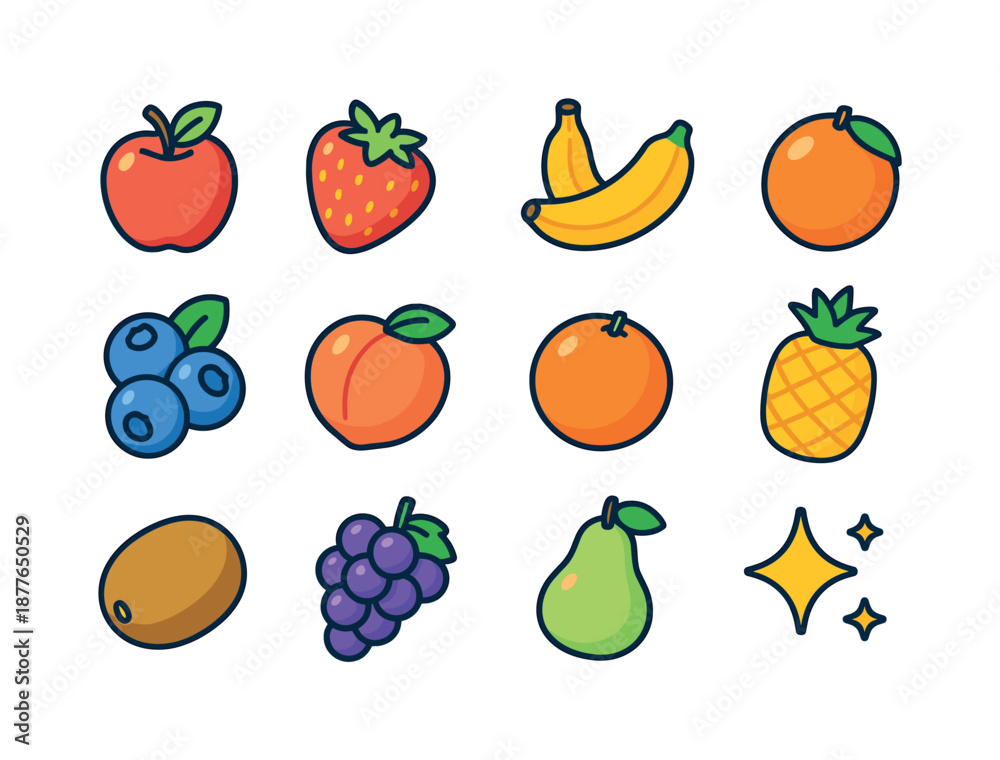 Fototapeta premium Colorful Fruit Icons. Tasty fruits. Colorful isometric vector icons set of tasty fruits: apple, strawberry, banana, mango, blueberry cluster, peach, orange,