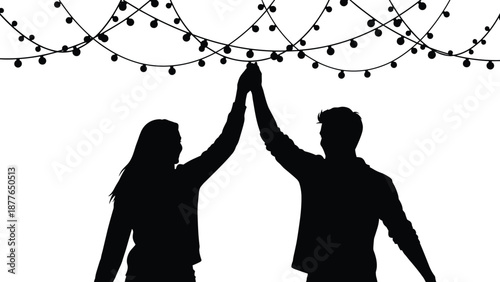 Silhouette of happy couple high five under string lights, celebrating friendship, teamwork and love, perfect for party, festival, relationship and success concepts design