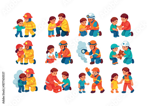 Rescue Icons Set. firefighters and emergency personnel working with children in crisis. Colorful isometric vector icons set of firefighters and emergency