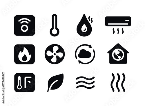 Automated Climate Icons. Automated climate. Solid icon set of automated climate: smart thermostat, temperature icon, humidifier, air conditioning, heat mode,