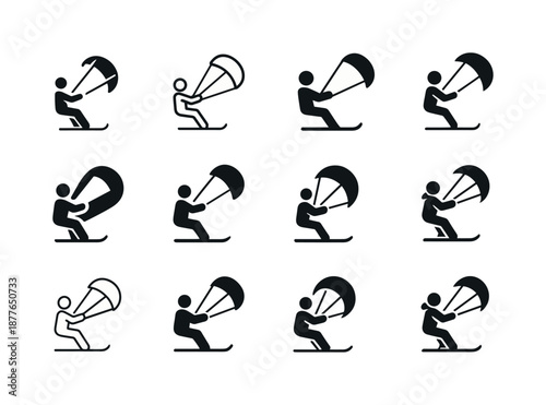 Snowkiting Logo Variations. Snowkiting on frozen lakes. Icon set. Set Logo of snowkiting on frozen lakes: kite line tension symbol. harmonious logo variations