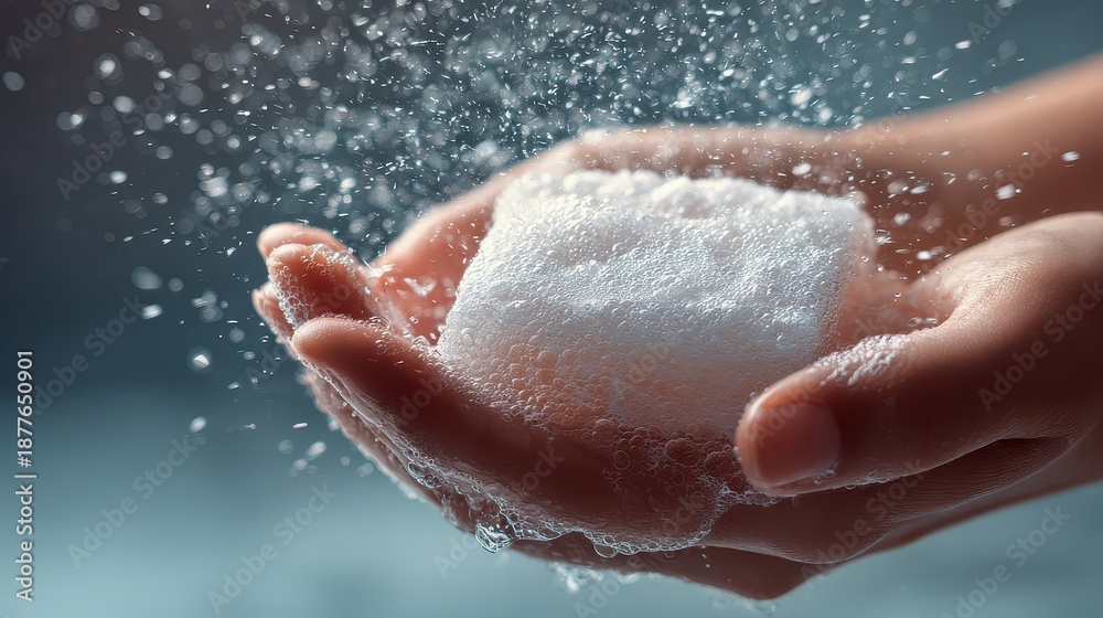 Fototapeta premium Hands hold a bar of soap with bubbles in a bathroom setting during a cleaning activity