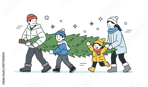 Christmas Tree Tradition. Carrying Christmas tree home with kids. Parents and children helping carry or guide a Christmas tree, playful gestures and