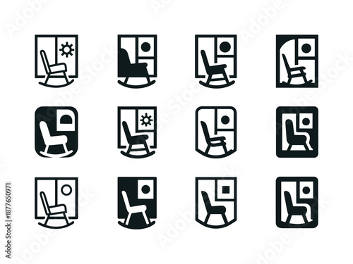 Rocking Chair Logos. Rocking chair by the window. Icon set. Set Logo of rocking chair by the window: sunlit rocker composition. harmonious logo variations of